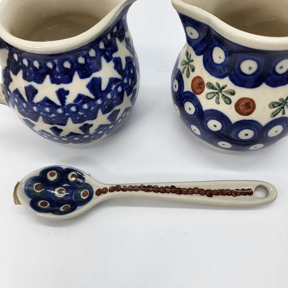 Boleslawiec Polish Pottery Stars & Blue Dot Design Small Creamer Set with Spoon - Picture 5 of 14